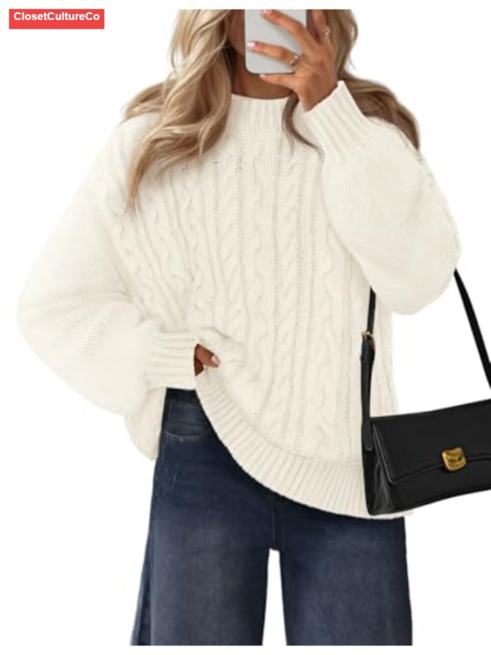 Womens Cable Knit Sweater Long Lantern Sleeve Crewneck Chunky Pullover - Picture 1 of 6